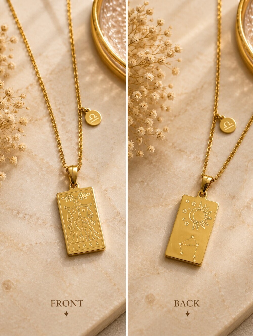 Libra Zodiac Tarot Card Necklace 18K Gold Plated Titanium Steel Double-Sided